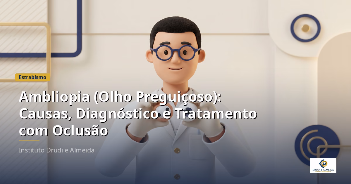 Capa ilustrativa do artigo "Ambliopia (Olho Preguiçoso): Causas, Diagnóstico e Tratamento com Oclusão" sobre estrabismo no blog da Drudi e Almeida Oftalmologia.
