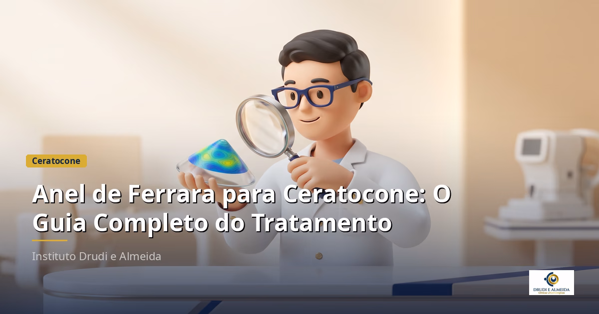 Capa ilustrativa do artigo "Anel de Ferrara para Ceratocone: O Guia Completo do Tratamento" sobre ceratocone no blog da Drudi e Almeida Oftalmologia.