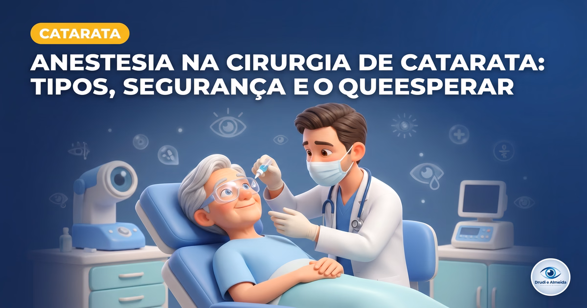 Capa ilustrativa do artigo "Anestesia na Cirurgia de Catarata: Tipos, Segurança e O Que Esperar" sobre catarata no blog da Drudi e Almeida Oftalmologia.