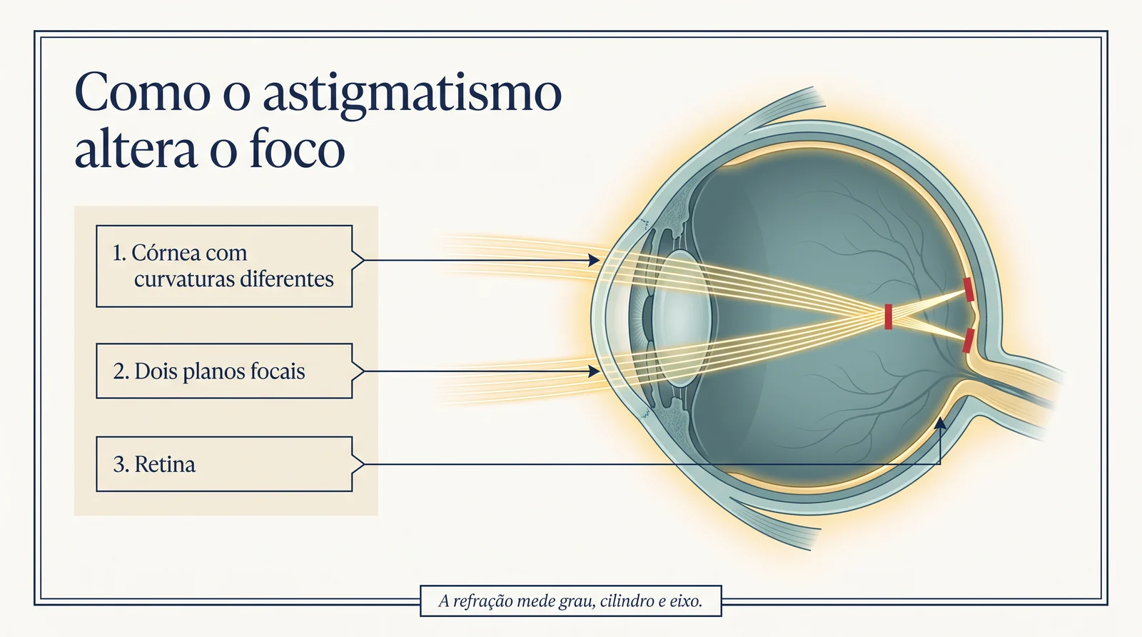Prancha clínica mostrando dois planos focais no astigmatismo e sua relação com a retina.