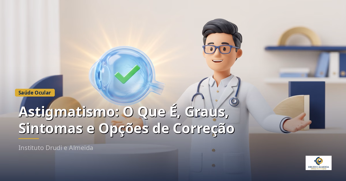 Capa ilustrativa do artigo "Astigmatismo: O Que É, Graus, Sintomas e Opções de Correção" sobre saúde ocular no blog da Drudi e Almeida Oftalmologia.