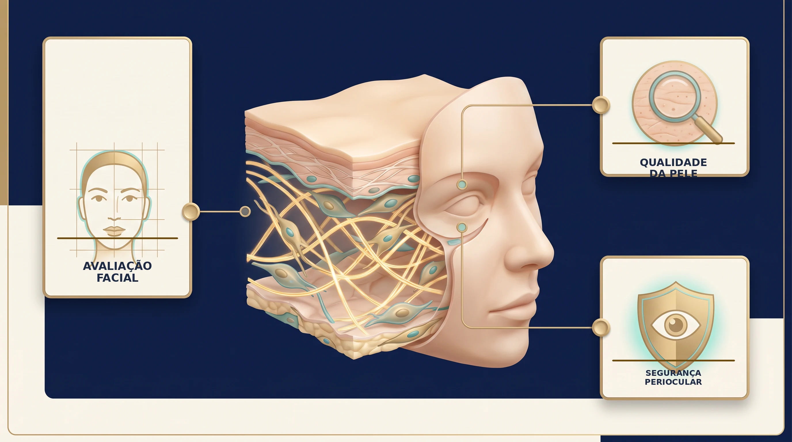 Prancha clínica com secção da pele facial, rede de colágeno e três painéis identificados como avaliação facial, qualidade da pele e segurança periocular