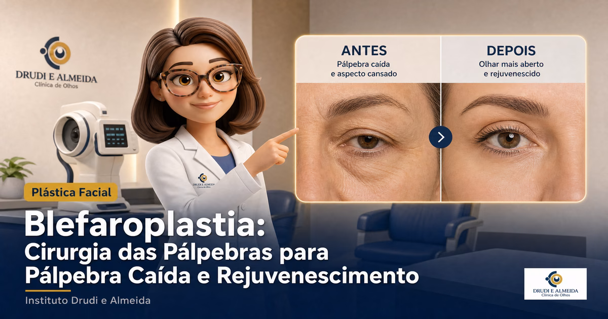 Capa ilustrativa do artigo "Blefaroplastia: A Cirurgia de Pálpebras para Rejuvenescimento e Visão" sobre plástica facial no blog da Drudi e Almeida Oftalmologia.