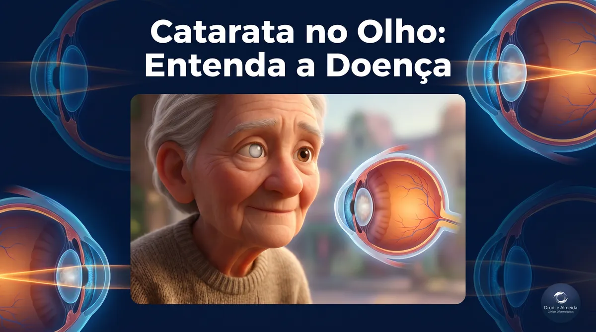 Capa ilustrativa do artigo "Catarata no Olho: O que é, Sintomas e Quando Operar" sobre catarata no blog da Drudi e Almeida Oftalmologia.