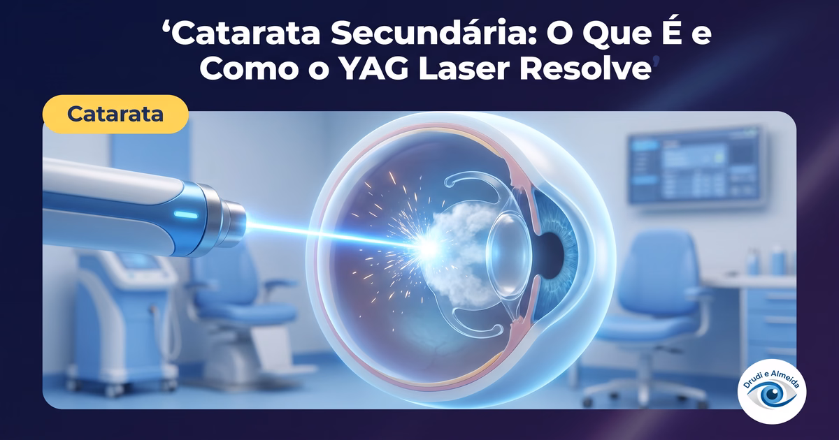Capa ilustrativa do artigo "Catarata Secundária: O Que É e Como o YAG Laser Resolve" sobre catarata no blog da Drudi e Almeida Oftalmologia.