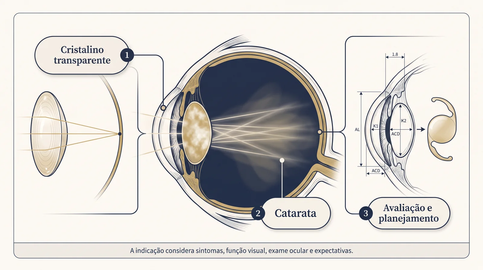 Prancha clínica mostrando o cristalino transparente, a catarata com dispersão da luz e o planejamento de lente intraocular