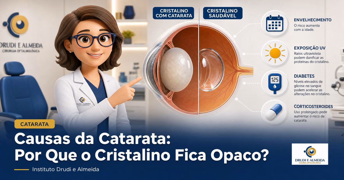 Capa ilustrativa do artigo "O Que Causa a Catarata? Entenda os Fatores de Risco" sobre catarata no blog da Drudi e Almeida Oftalmologia.
