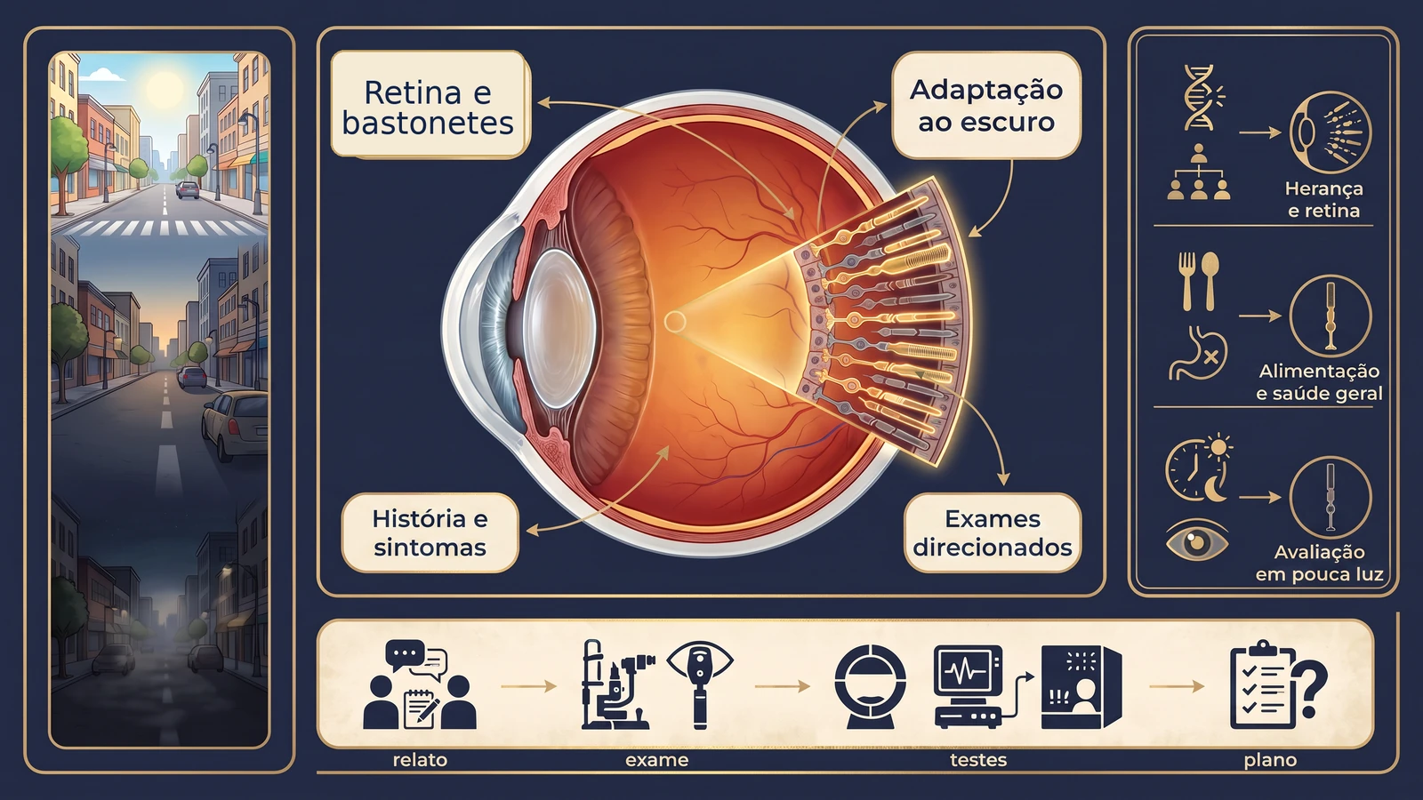Prancha clínica com corte do olho e retina, transição entre ambiente claro e escuro, grupos de causas e etapas da avaliação de nictalopia