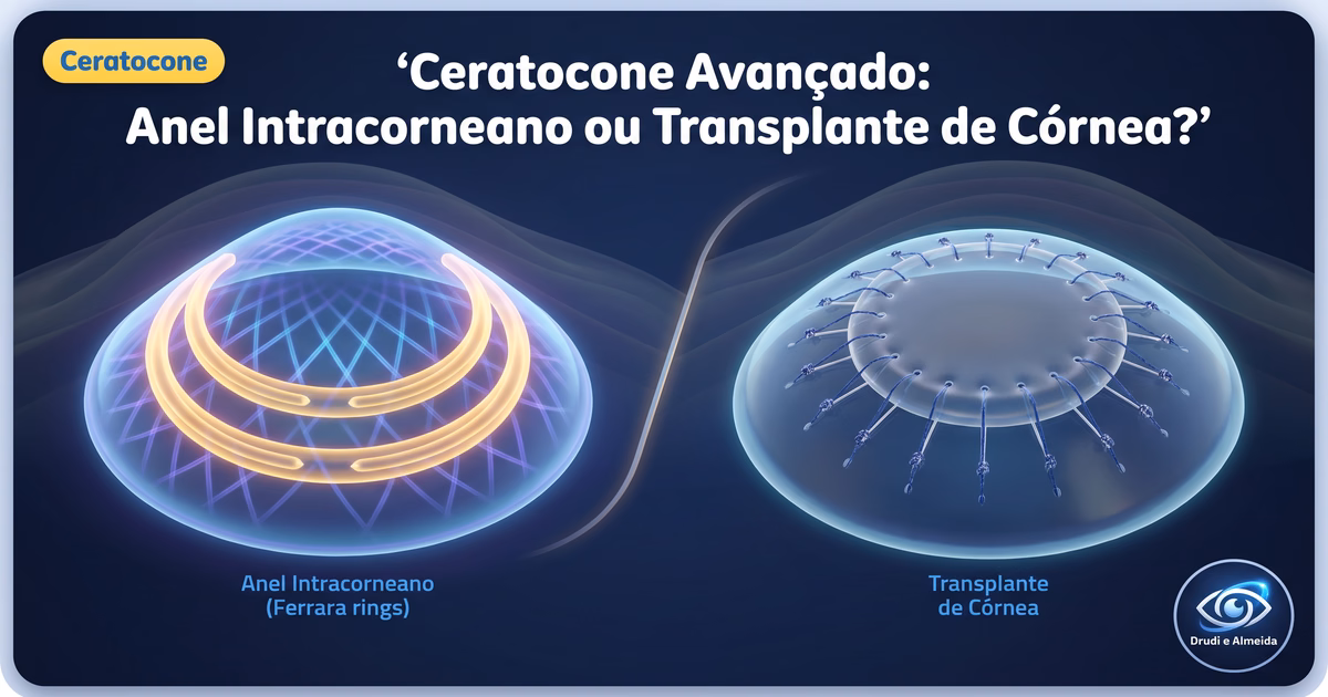 Capa ilustrativa do artigo "Ceratocone Avançado: Anel Intracorneano ou Transplante de Córnea?" sobre ceratocone no blog da Drudi e Almeida Oftalmologia.
