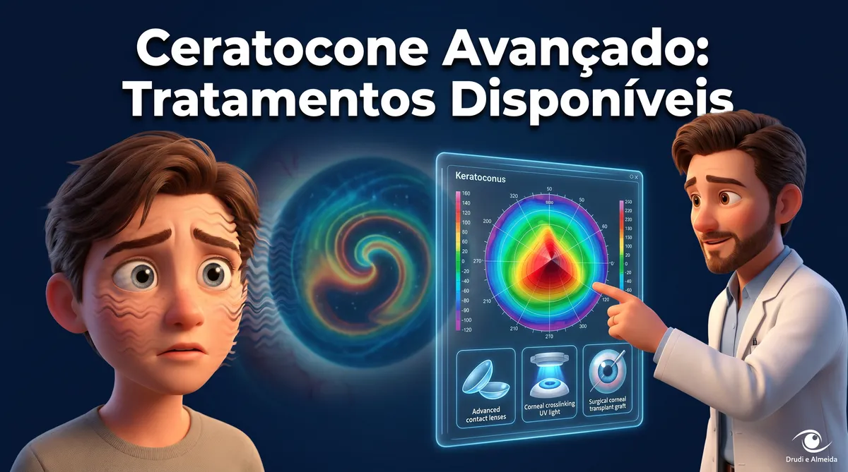 Capa ilustrativa do artigo "Ceratocone Avançado: Sintomas, Riscos" sobre ceratocone no blog da Drudi e Almeida Oftalmologia.