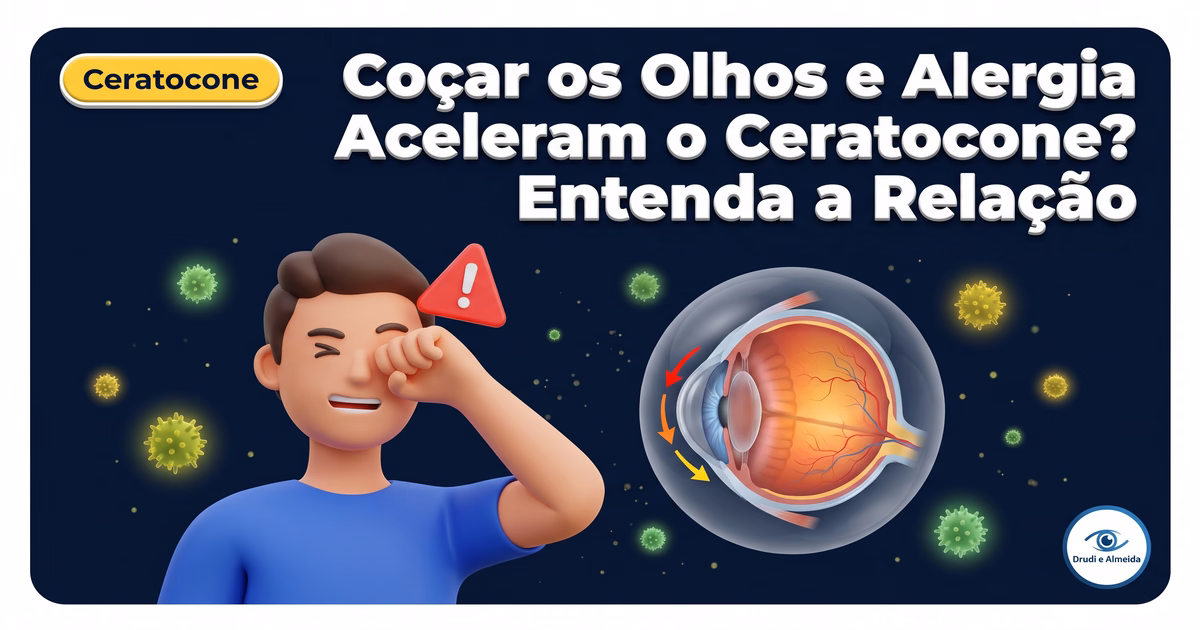 Capa ilustrativa do artigo "Coçar os Olhos e Alergia Aceleram o Ceratocone?" sobre ceratocone no blog da Drudi e Almeida Oftalmologia.