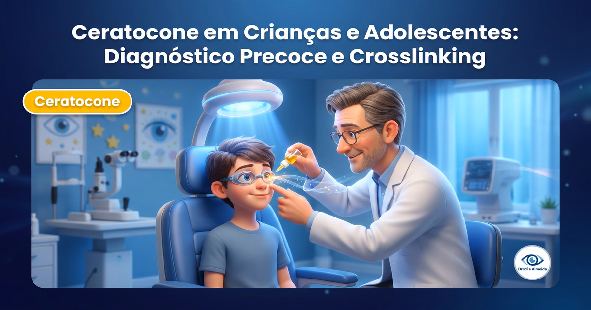 Capa ilustrativa do artigo "Ceratocone em Crianças e Adolescentes: Diagnóstico Precoce e Crosslinking" sobre ceratocone no blog da Drudi e Almeida Oftalmologia.
