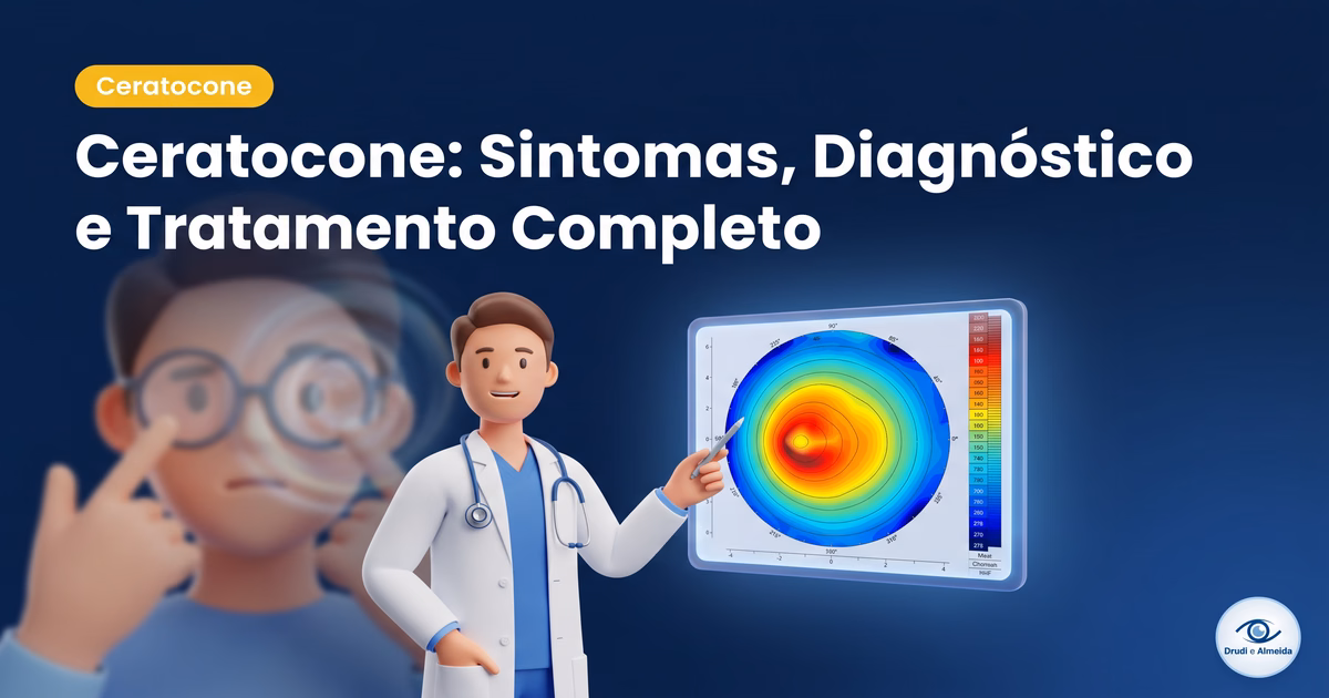 Capa ilustrativa do artigo "Ceratocone: Sintomas, Diagnóstico e Tratamento Completo" sobre ceratocone no blog da Drudi e Almeida Oftalmologia.