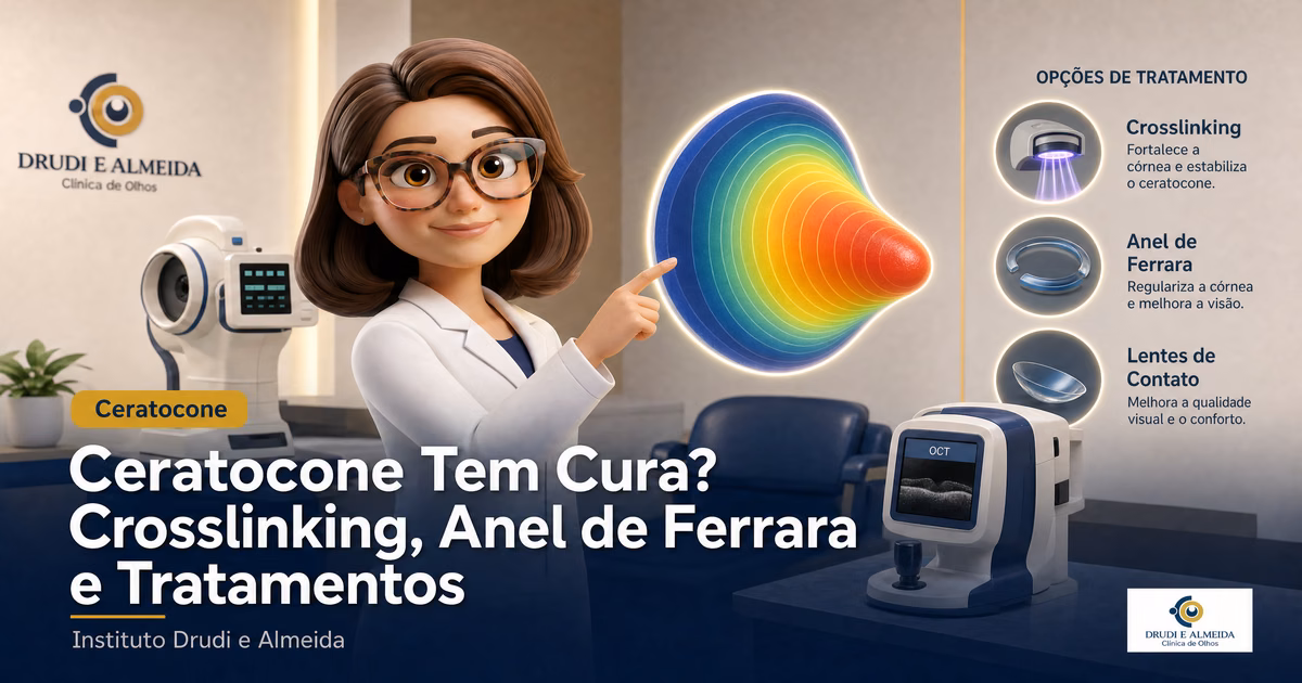 Capa ilustrativa do artigo "Ceratocone Tem Cura? Entenda a Doença e os Tratamentos" sobre ceratocone no blog da Drudi e Almeida Oftalmologia.