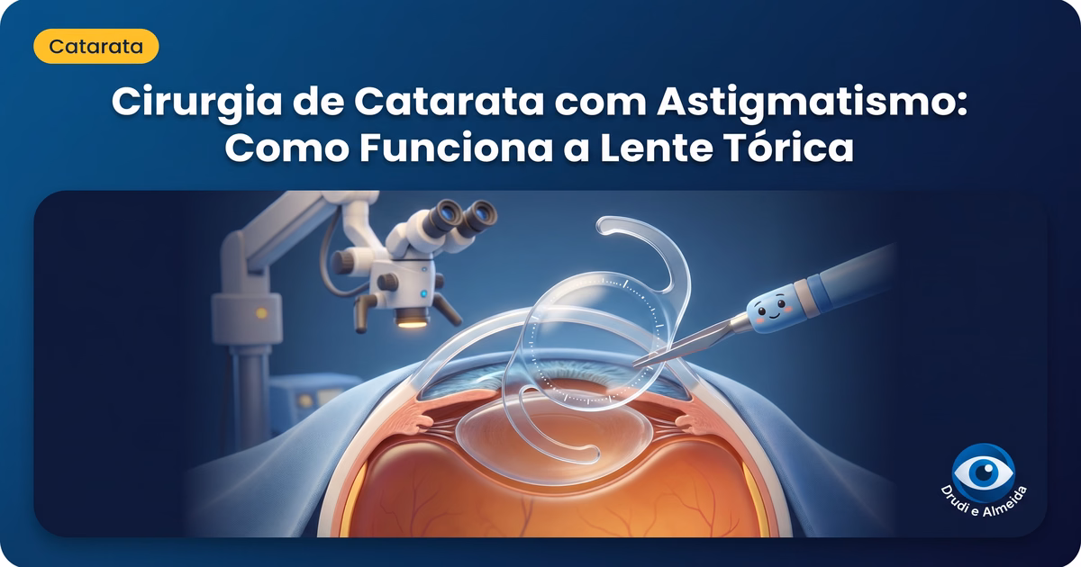 Capa ilustrativa do artigo "Cirurgia de Catarata com Astigmatismo: Como Funciona a Lente Tórica" sobre catarata no blog da Drudi e Almeida Oftalmologia.