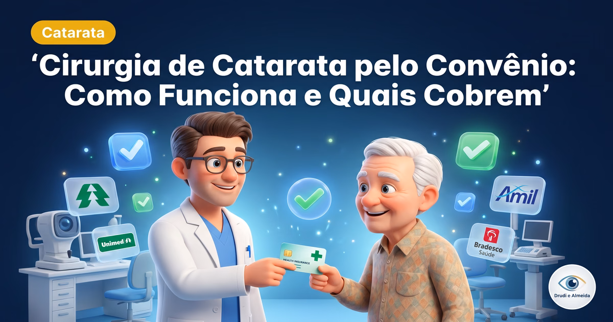 Capa ilustrativa do artigo "Cirurgia de Catarata pelo Convênio: Como Funciona e Quais Cobrem" sobre catarata no blog da Drudi e Almeida Oftalmologia.