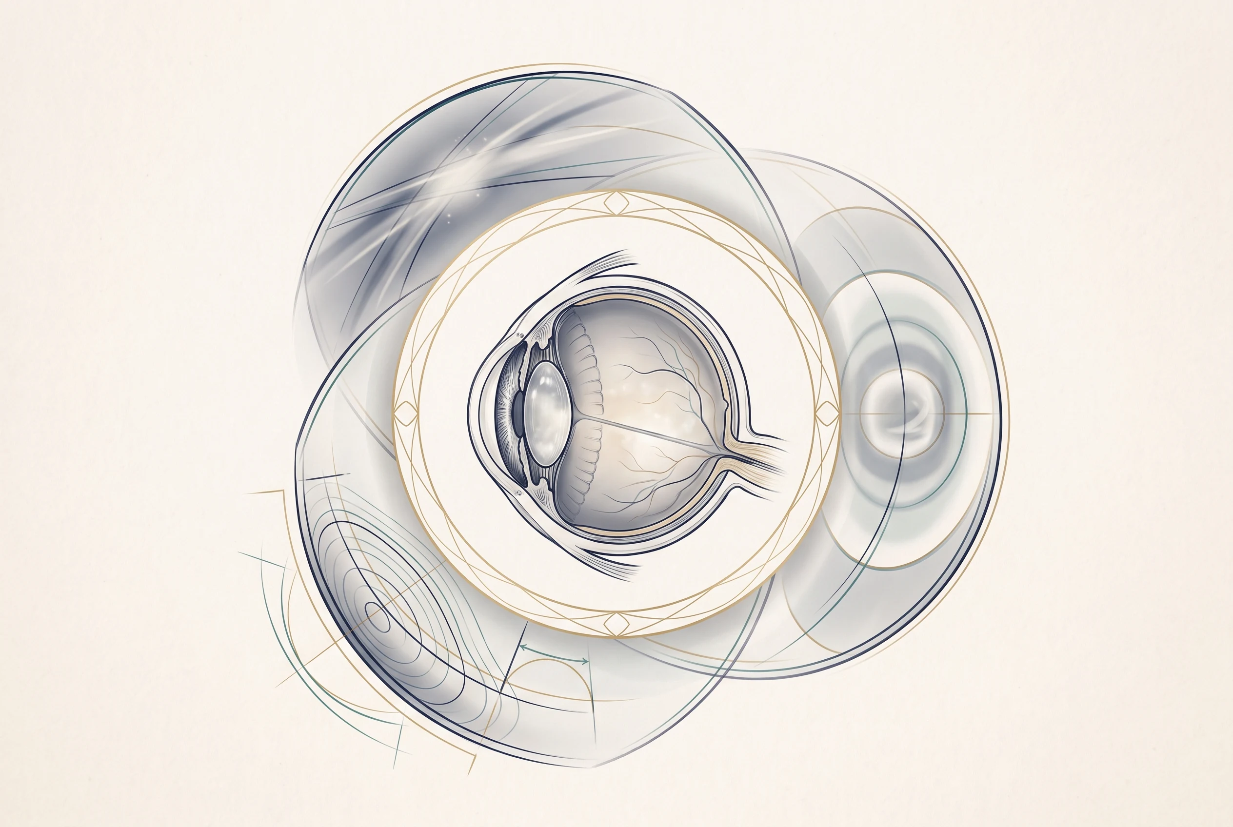 Ilustração editorial de um olho em corte com cristalino opacificado e camadas de avaliação visual, biometria e objetivo refracional convergindo para o planejamento da cirurgia de catarata