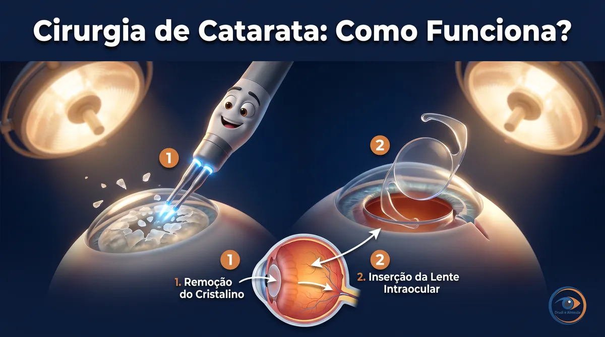 Capa ilustrativa do artigo "Cirurgia de Catarata: Como Funciona, Riscos" sobre catarata no blog da Drudi e Almeida Oftalmologia.