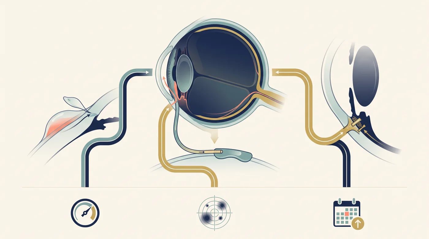 Ilustração editorial de um olho em corte mostrando três vias conceituais de cirurgia de glaucoma: filtração, dispositivo de drenagem e procedimento minimamente invasivo.