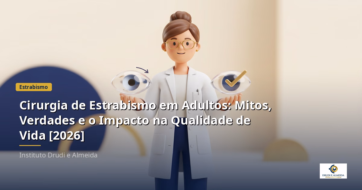 Capa ilustrativa do artigo "Cirurgia de Estrabismo em Adultos: Mitos, Verdades e o Impacto na Qualidade de Vida [2026]" sobre estrabismo no blog da Drudi e Almeida Oftalmologia.