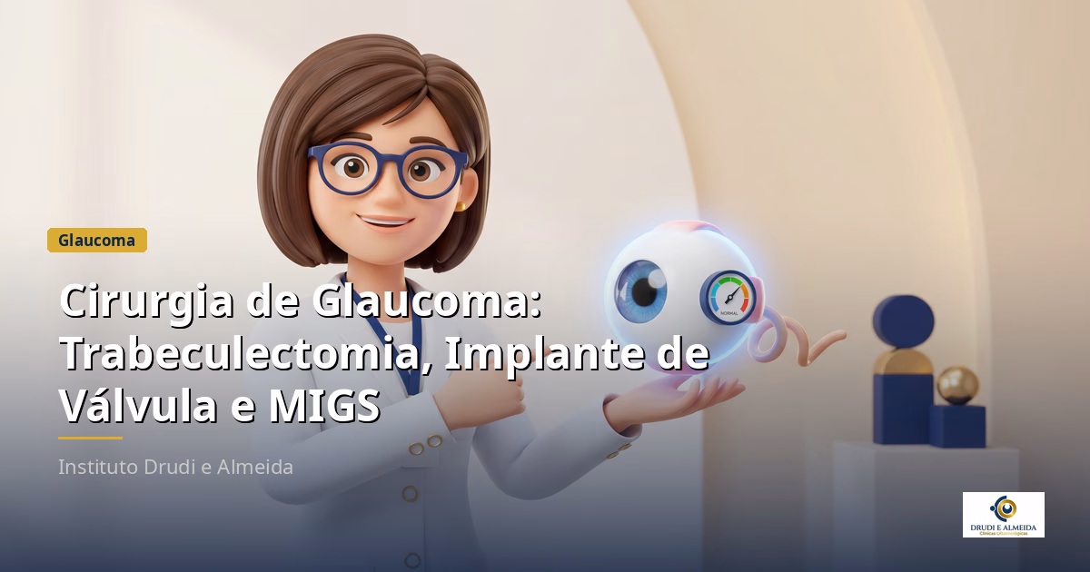 Capa ilustrativa do artigo "Cirurgia de Glaucoma: Trabeculectomia, Implante de Válvula e MIGS" sobre glaucoma no blog da Drudi e Almeida Oftalmologia.
