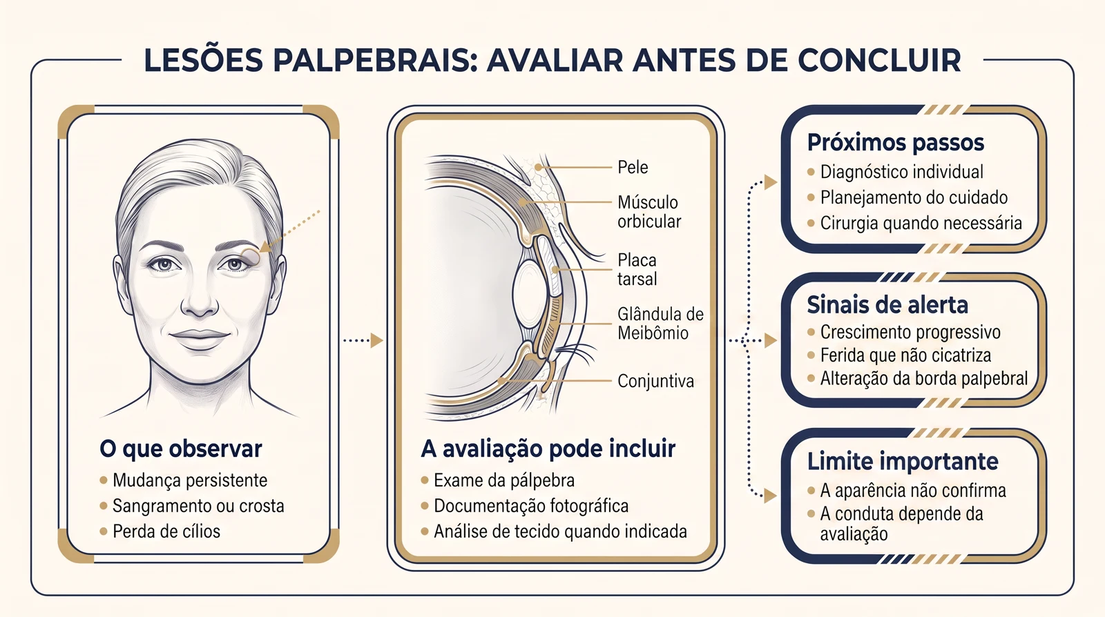 Prancha clínica mostrando sinais de alerta em lesões palpebrais, anatomia da pálpebra e etapas de avaliação individualizada