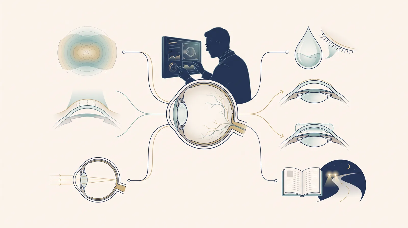 Prancha clínica editorial mostrando uma avaliação de cirurgia refrativa com córnea, mapas oculares, alternativas de correção e metas visuais discutidas com o paciente.