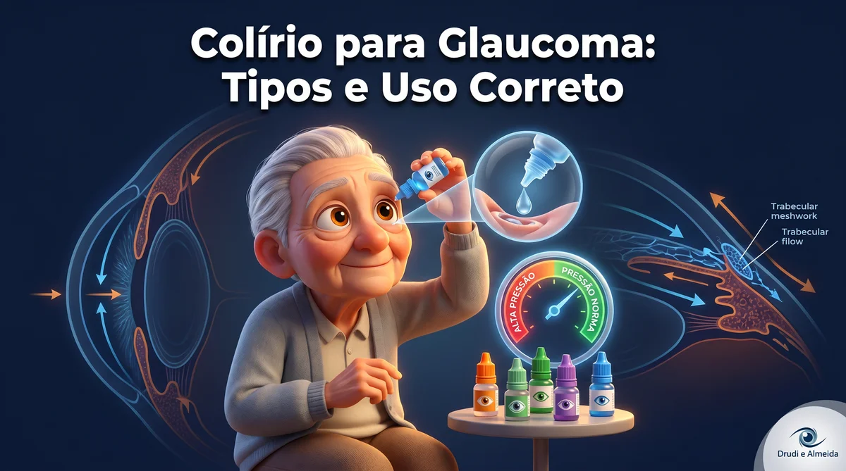 Capa ilustrativa do artigo "Colírio para Glaucoma: Tipos, Como Usar" sobre glaucoma no blog da Drudi e Almeida Oftalmologia.