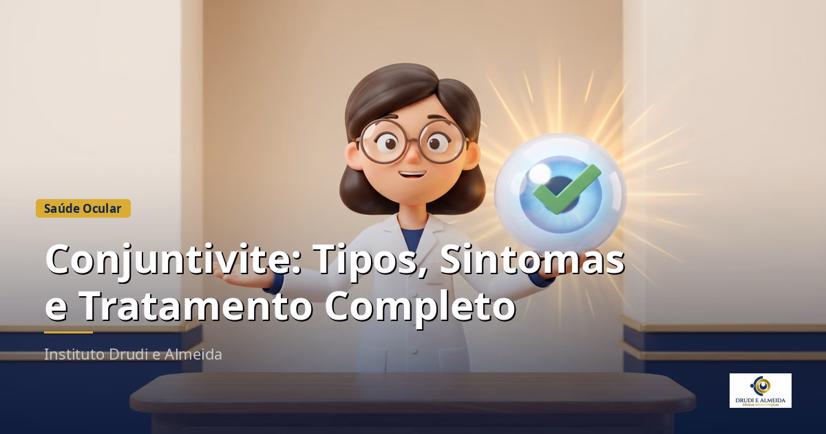 Capa ilustrativa do artigo "Conjuntivite: Tipos, Sintomas e Tratamento Completo" sobre saúde ocular no blog da Drudi e Almeida Oftalmologia.