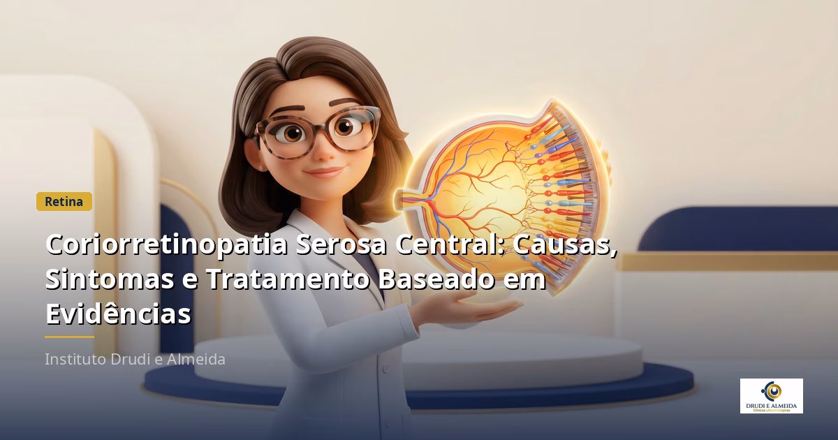 Capa ilustrativa do artigo "Coriorretinopatia Serosa Central: Causas, Sintomas e Tratamento Baseado em Evidências" sobre retina no blog da Drudi e Almeida Oftalmologia.