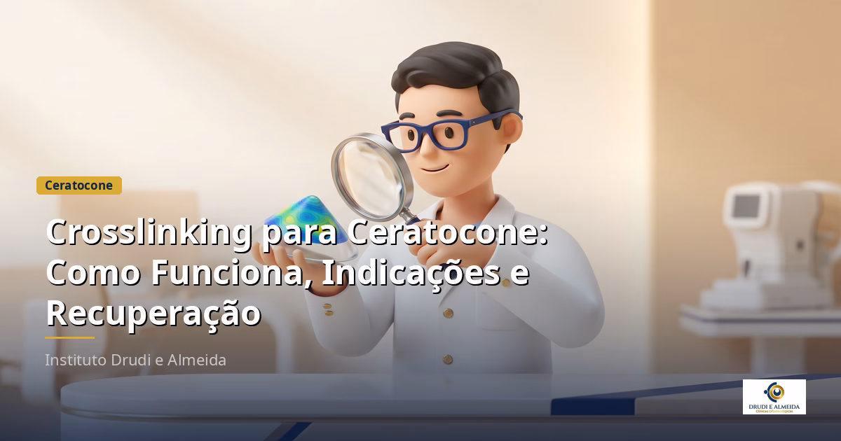 Capa ilustrativa do artigo "Crosslinking para Ceratocone: Como Funciona, Indicações e Recuperação" sobre ceratocone no blog da Drudi e Almeida Oftalmologia.