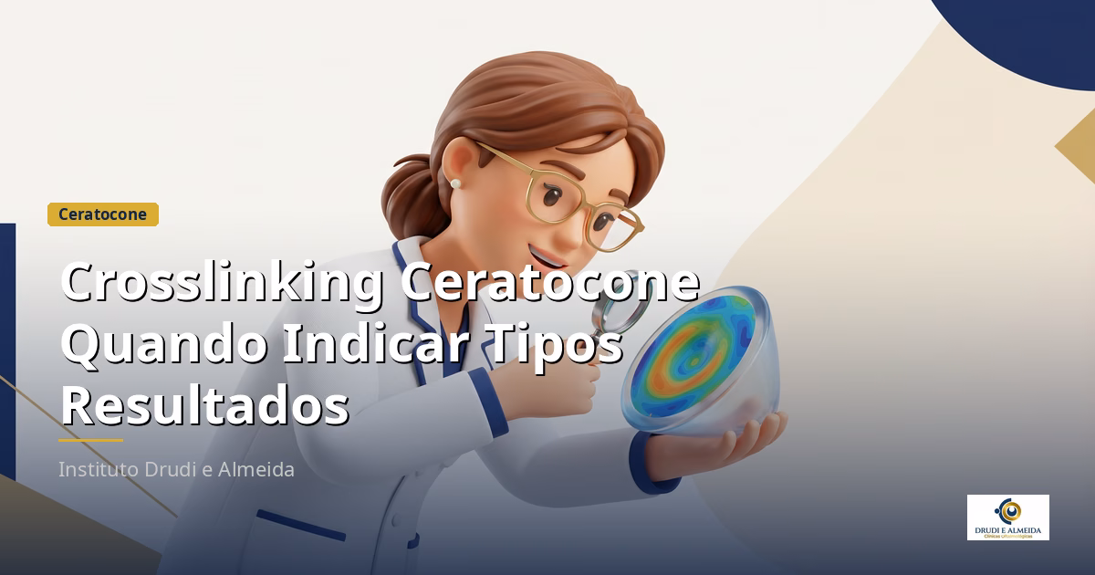 Capa ilustrativa do artigo "Crosslinking no Ceratocone: Quando Indicar, Tipos e Resultados Esperados" sobre ceratocone no blog da Drudi e Almeida Oftalmologia.