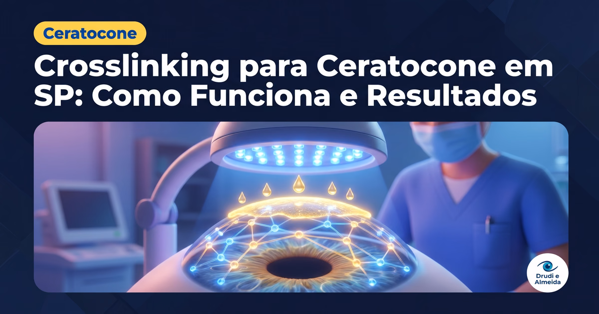 Capa ilustrativa do artigo "Crosslinking para Ceratocone em SP: Como Funciona e Resultados" sobre ceratocone no blog da Drudi e Almeida Oftalmologia.
