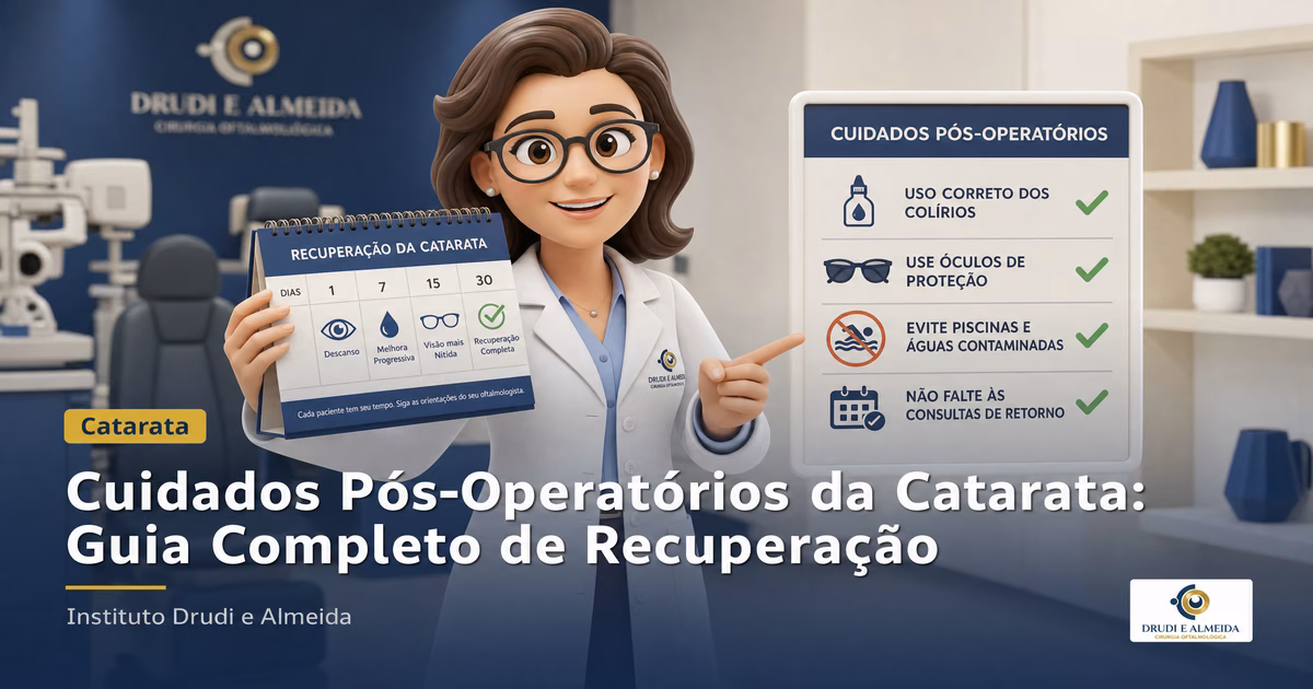 Capa ilustrativa do artigo "Cuidados no Pós-Operatório da Cirurgia de Catarata" sobre catarata no blog da Drudi e Almeida Oftalmologia.