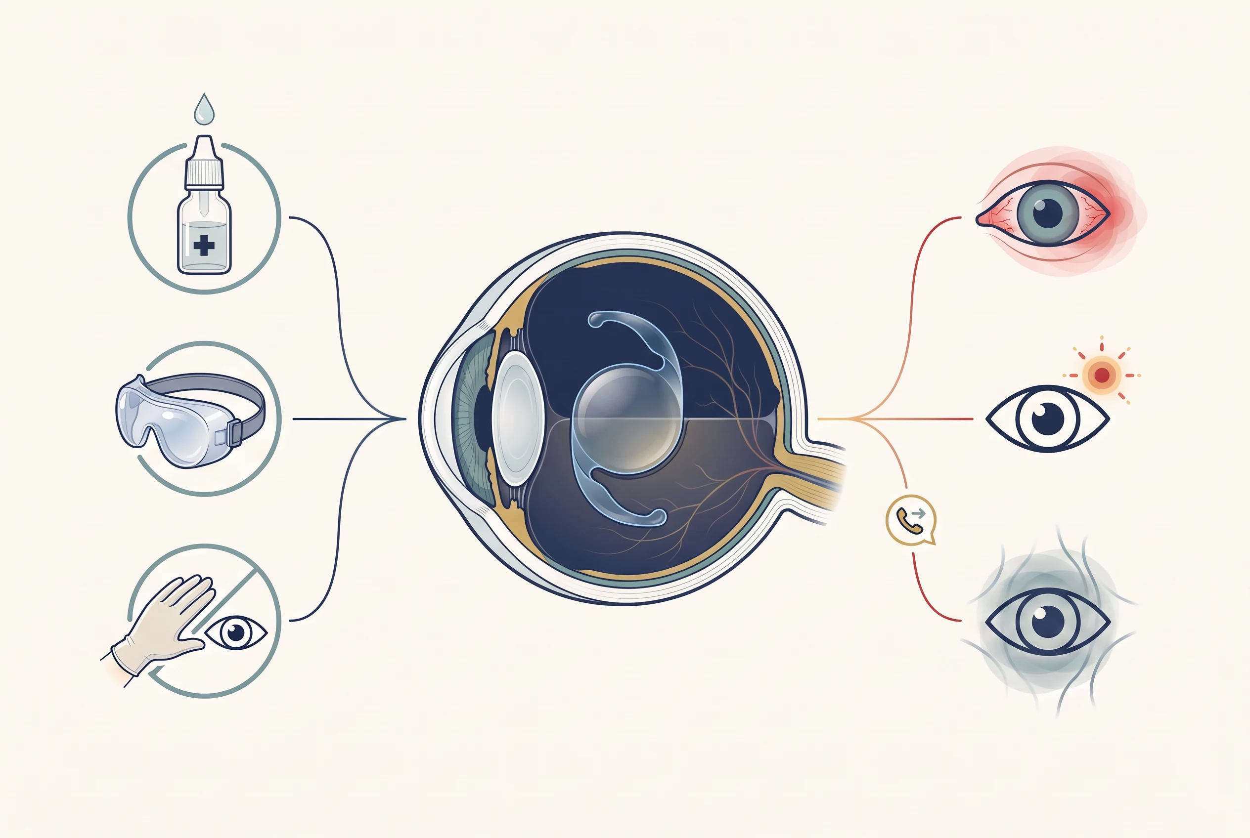 Ilustração clínica de olho com lente intraocular, cuidados prescritos à esquerda e sinais que justificam contato com a equipe à direita