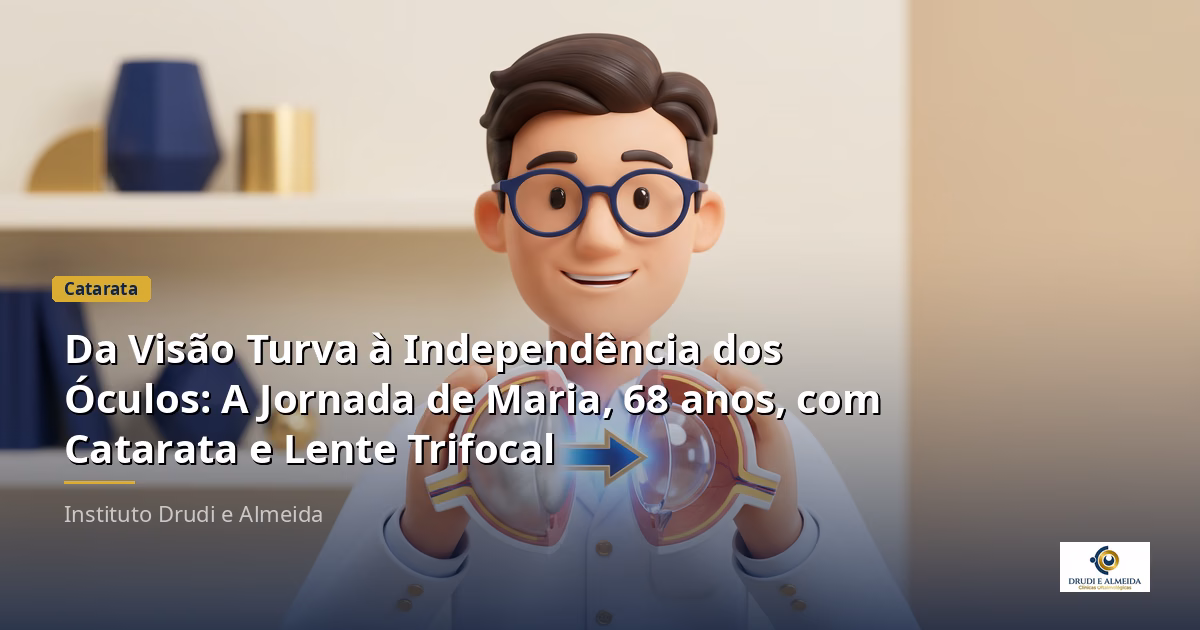 Capa ilustrativa do artigo "Da Visão Turva à Independência dos Óculos: A Jornada de Maria, 68 anos, com Catarata e Lente Trifocal" sobre catarata no blog da Drudi e Almeida Oftalmologia.
