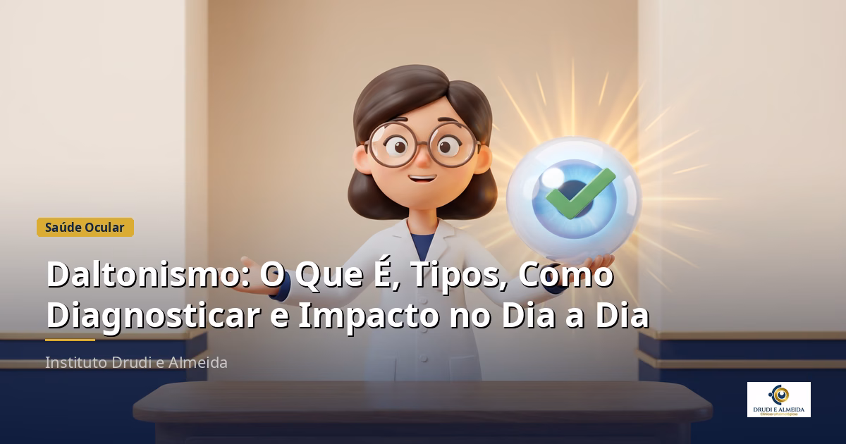 Capa ilustrativa do artigo "Daltonismo: O Que É, Tipos, Como Diagnosticar e Impacto no Dia a Dia" sobre saúde ocular no blog da Drudi e Almeida Oftalmologia.