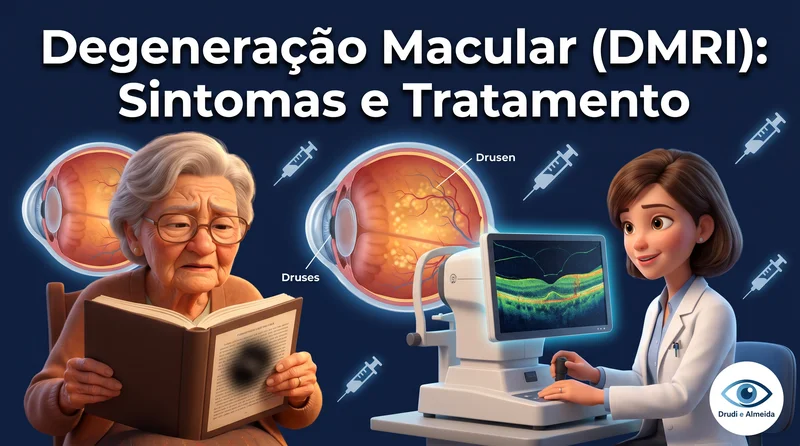 Capa ilustrativa do artigo "Degeneração Macular: Sintomas, Tipos" sobre retina no blog da Drudi e Almeida Oftalmologia.