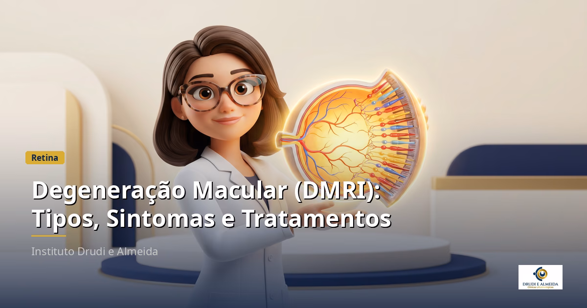 Capa ilustrativa do artigo "Degeneração Macular (DMRI): Tipos, Sintomas e Tratamentos" sobre retina no blog da Drudi e Almeida Oftalmologia.