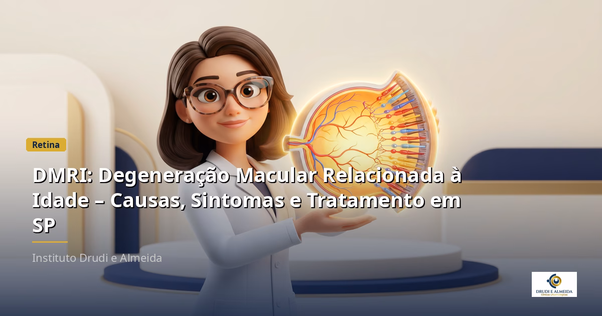 Capa ilustrativa do artigo "DMRI: Degeneração Macular Relacionada à Idade – Causas, Sintomas e Tratamento em SP" sobre retina no blog da Drudi e Almeida Oftalmologia.