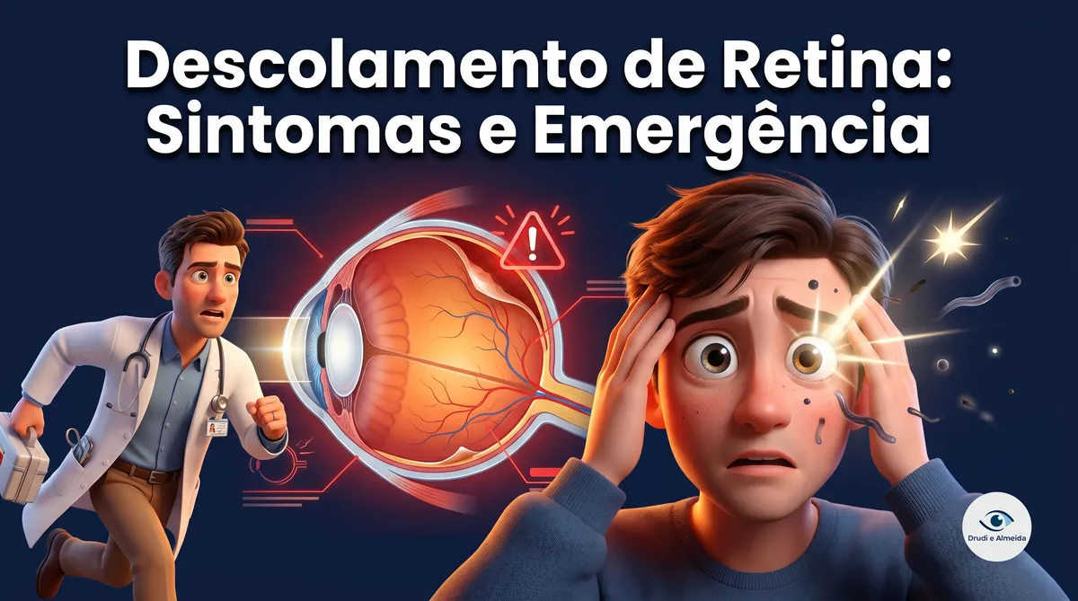 Capa ilustrativa do artigo "Descolamento de Retina: Sintomas de Urgência" sobre retina no blog da Drudi e Almeida Oftalmologia.