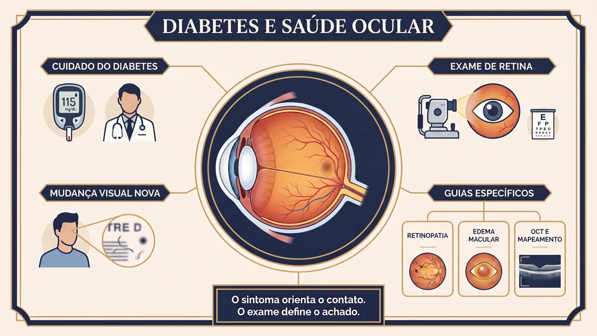 Prancha clínica mostrando um olho em corte, conexões entre cuidado do diabetes, exame de retina, mudança visual nova e guias específicos de retinopatia, edema macular e OCT.