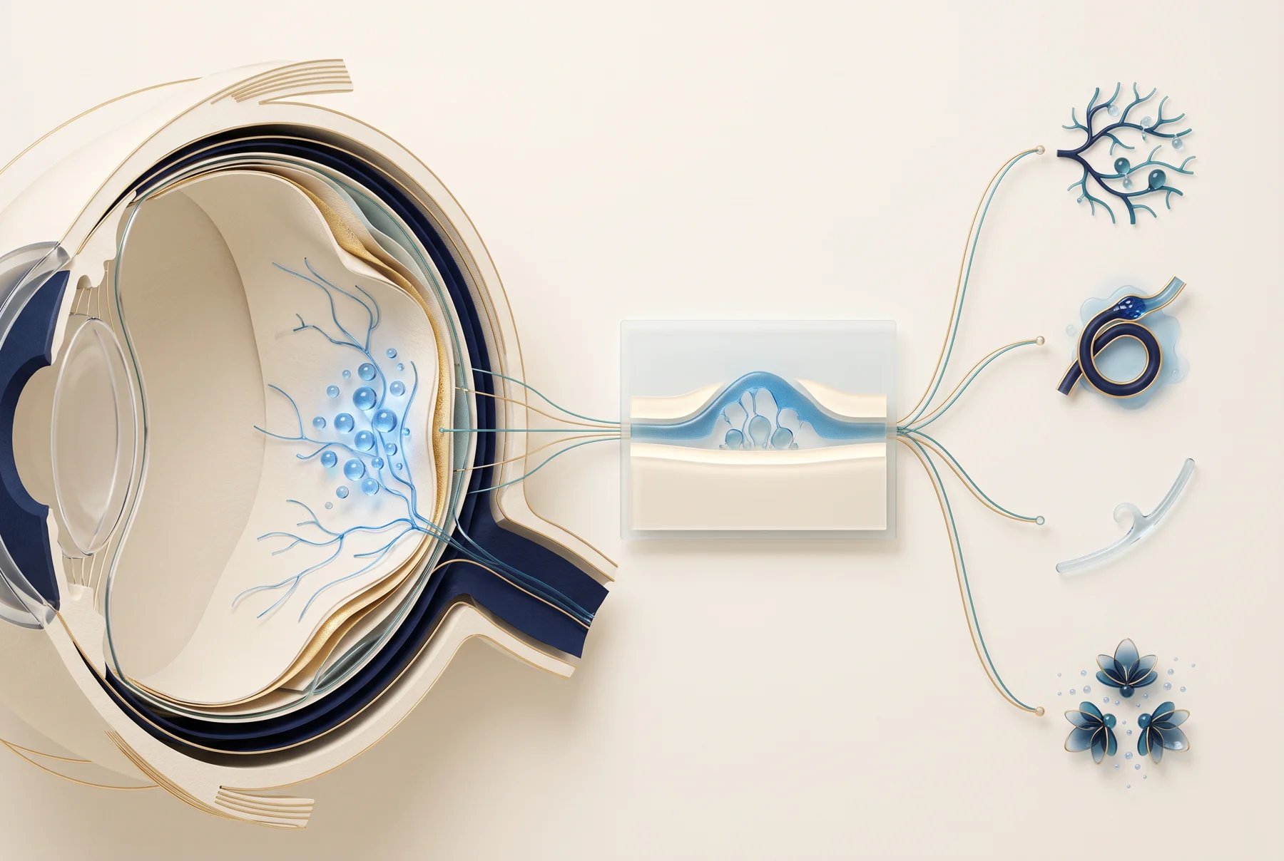 Ilustração clínica original de corte do olho com fluido na mácula, OCT e caminhos etiológicos possíveis para edema macular.