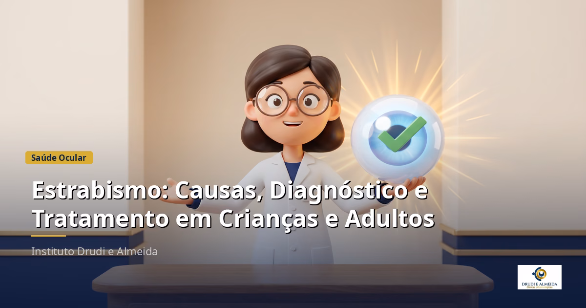 Capa ilustrativa do artigo "Estrabismo: Causas, Diagnóstico e Tratamento em Crianças e Adultos" sobre saúde ocular no blog da Drudi e Almeida Oftalmologia.