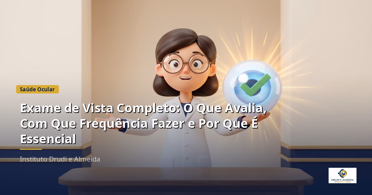 Capa ilustrativa do artigo "Exame de Vista Completo: O Que Avalia, Com Que Frequência Fazer e Por Que É Essencial" sobre saúde ocular no blog da Drudi e Almeida Oftalmologia.