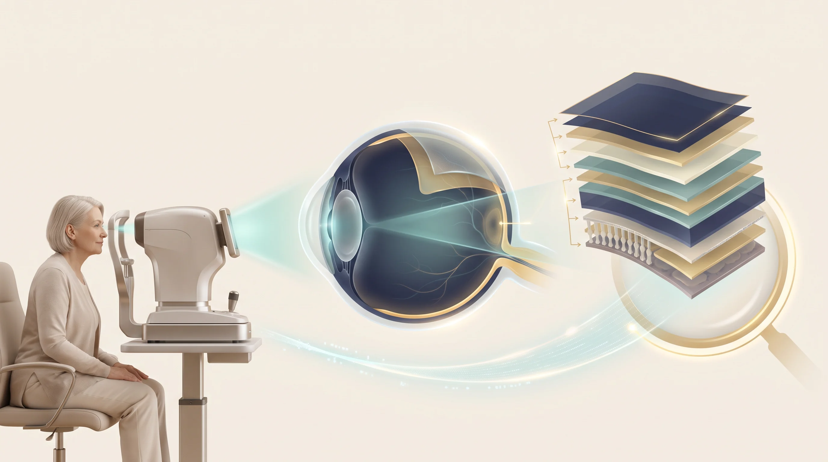 Ilustração de paciente realizando OCT, olho em corte e camadas retinianas ampliadas.