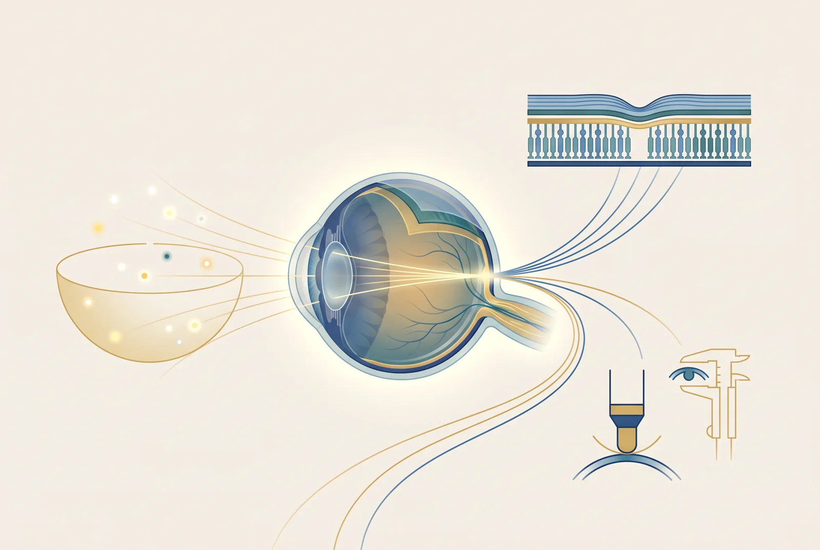 Ilustração clínica de um olho em corte conectando campo visual, OCT, tonometria e avaliação corneana ao nervo óptico