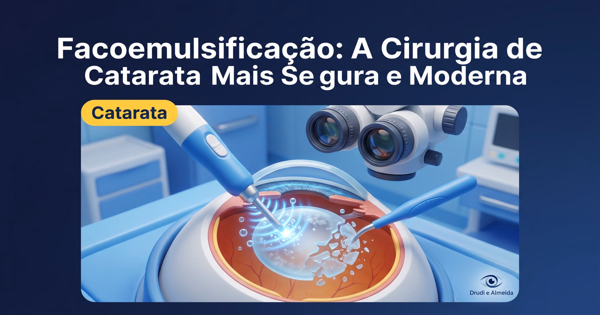 Capa ilustrativa do artigo "Facoemulsificação: A Cirurgia de Catarata Mais Segura e Moderna" sobre catarata no blog da Drudi e Almeida Oftalmologia.