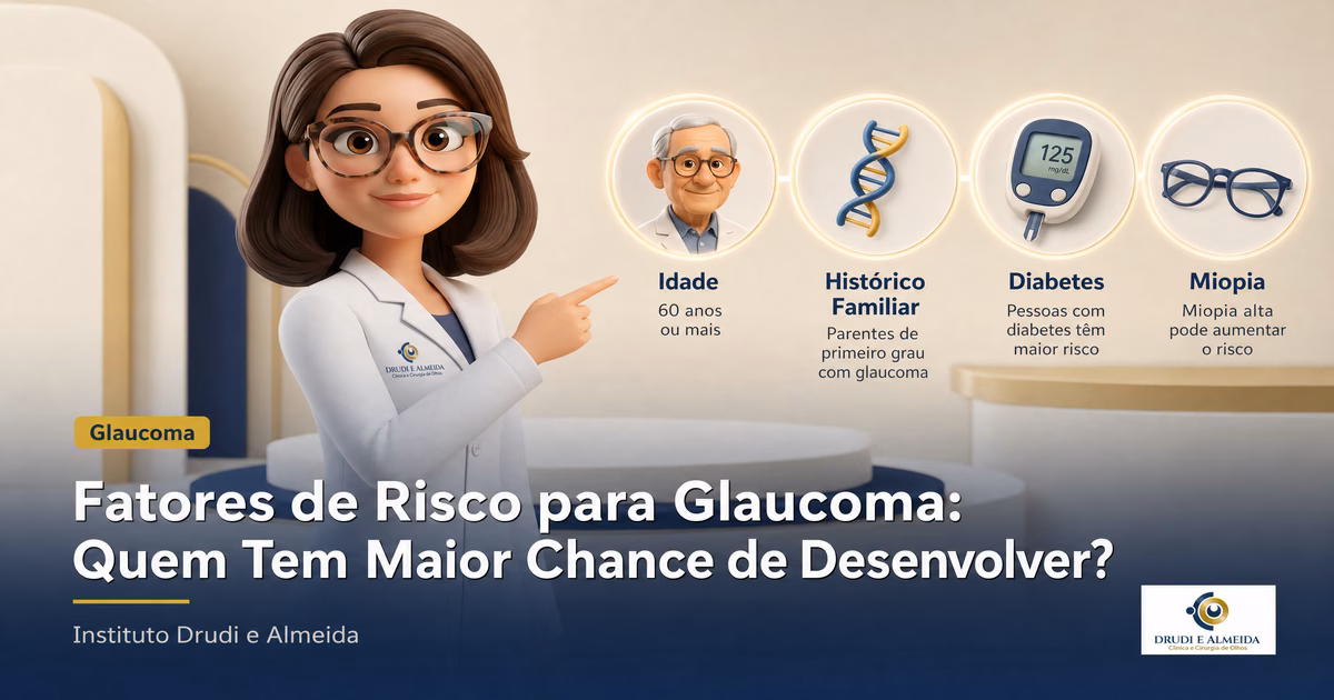 Capa ilustrativa do artigo "Fatores de Risco para Glaucoma: Quem Tem Maior Chance de Desenvolver?" sobre glaucoma no blog da Drudi e Almeida Oftalmologia.