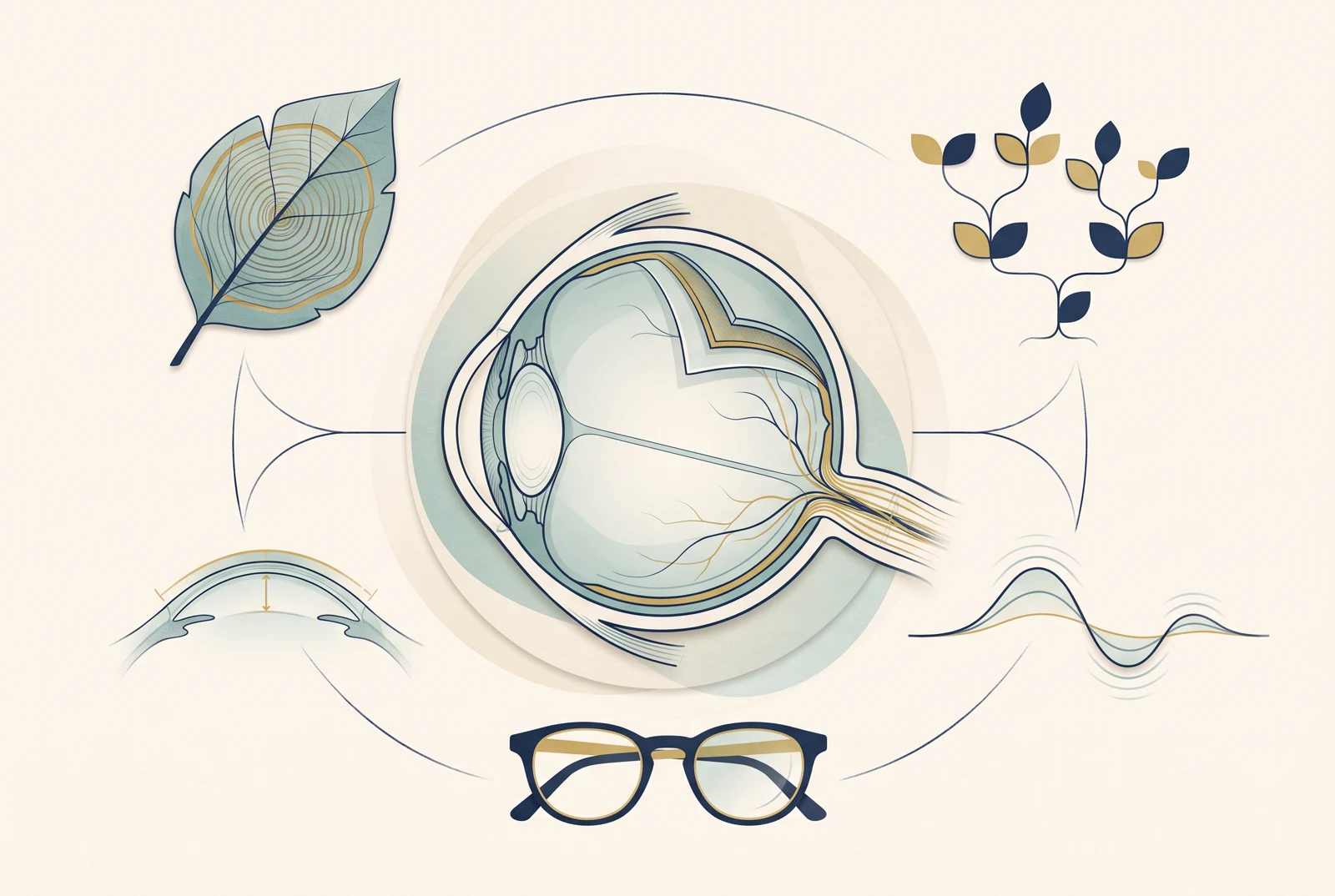 Ilustração clínica de um olho em corte associado a símbolos de idade, história familiar, córnea, pressão intraocular e miopia, mostrando que o risco de glaucoma é avaliado em conjunto.